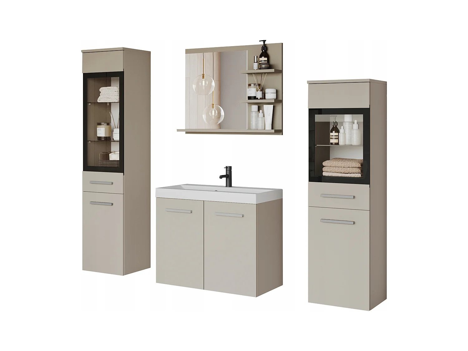 Ensemble de salle de bain, meubles suspendus avec lavabo, 2 colonnes et miroir avec étagères, beige cachemire mat