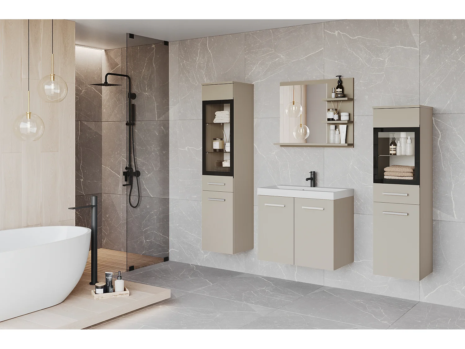 Ensemble de salle de bain, meubles suspendus avec lavabo, 2 colonnes et miroir avec étagères, beige cachemire mat