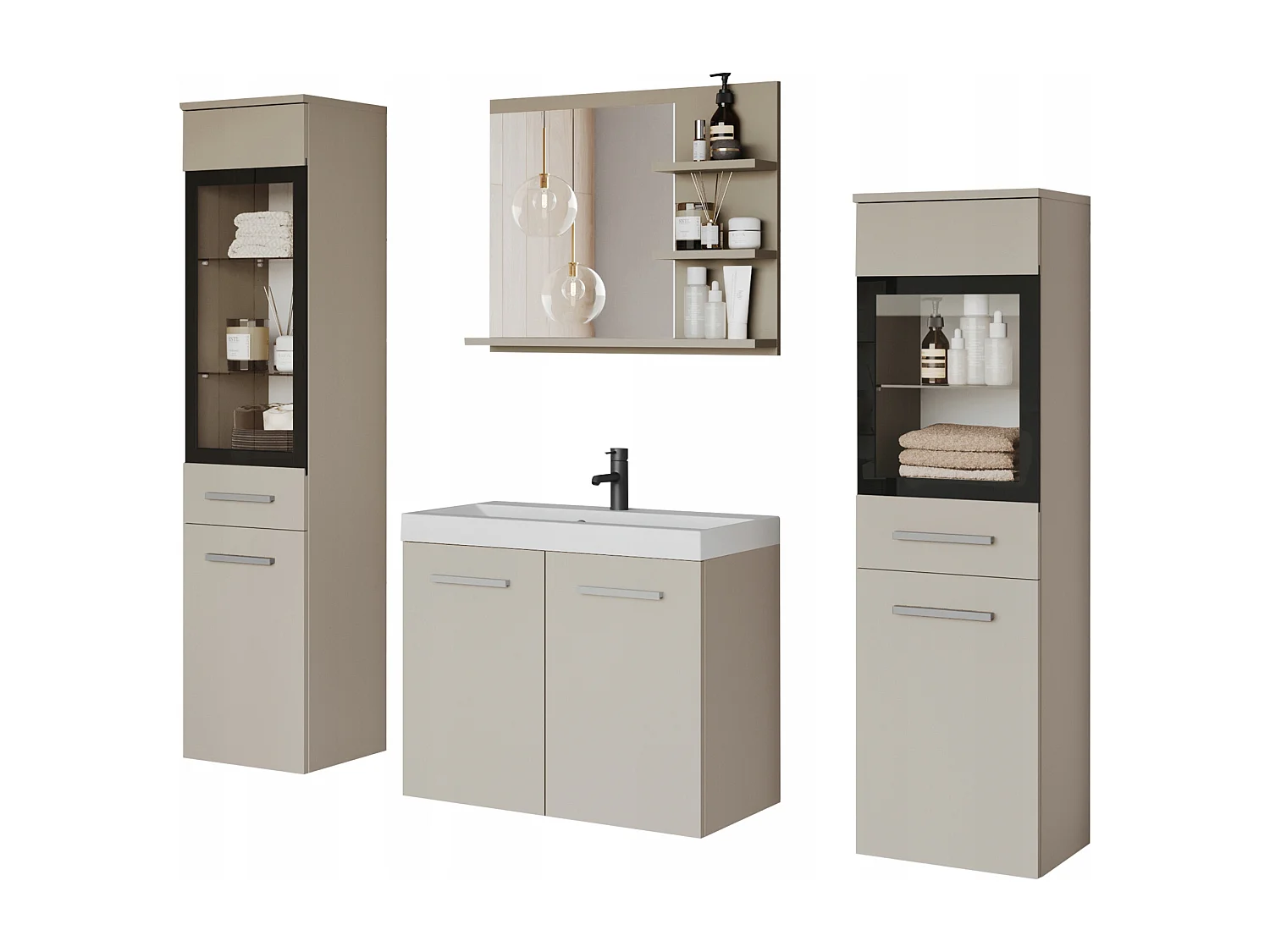 Ensemble de salle de bain, meubles suspendus avec lavabo, 2 colonnes et miroir avec étagères, beige cachemire mat