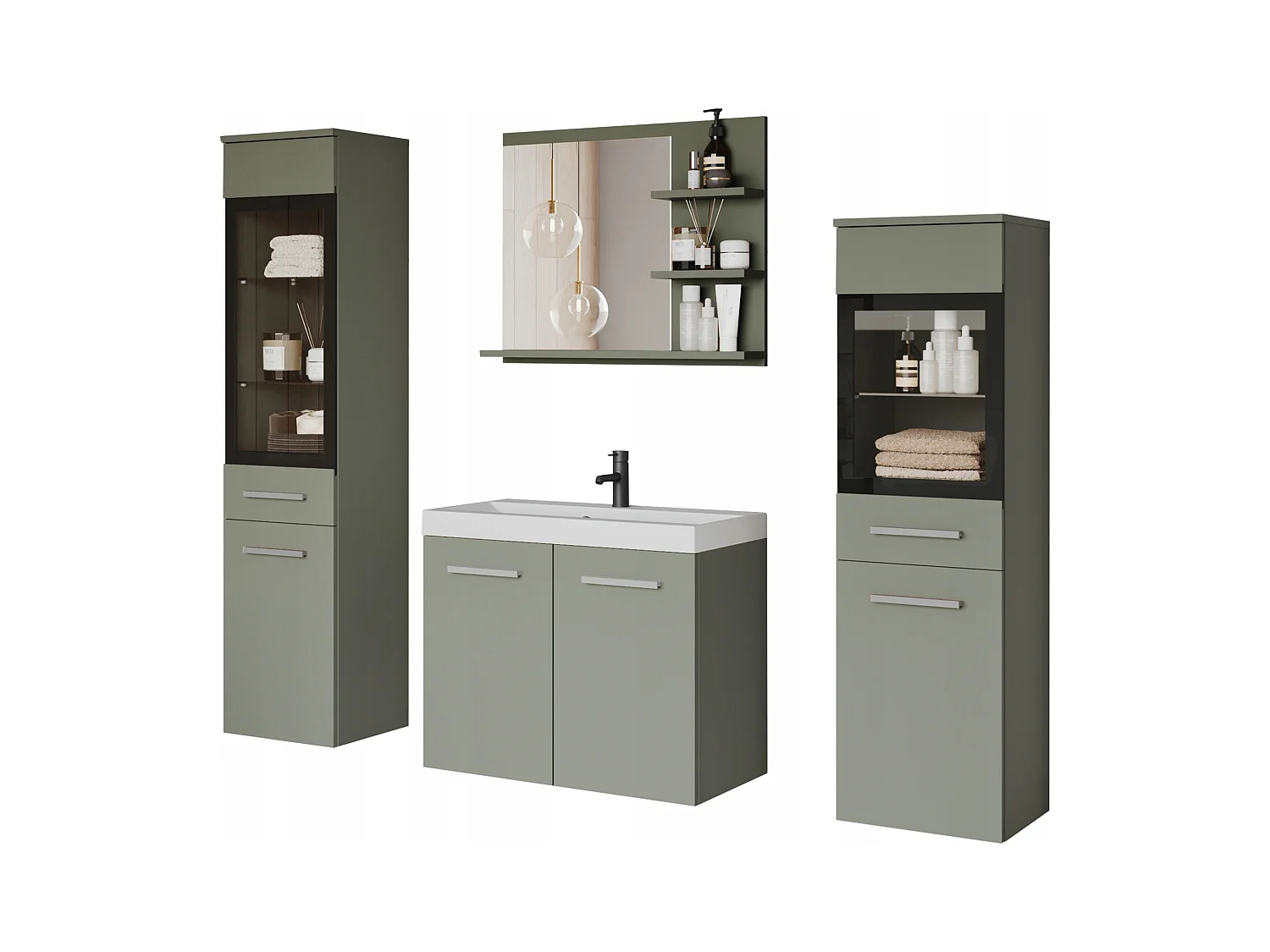 Ensemble de salle de bain, meubles suspendus avec lavabo, 2 colonnes et miroir avec étagères, vert brumeux mat