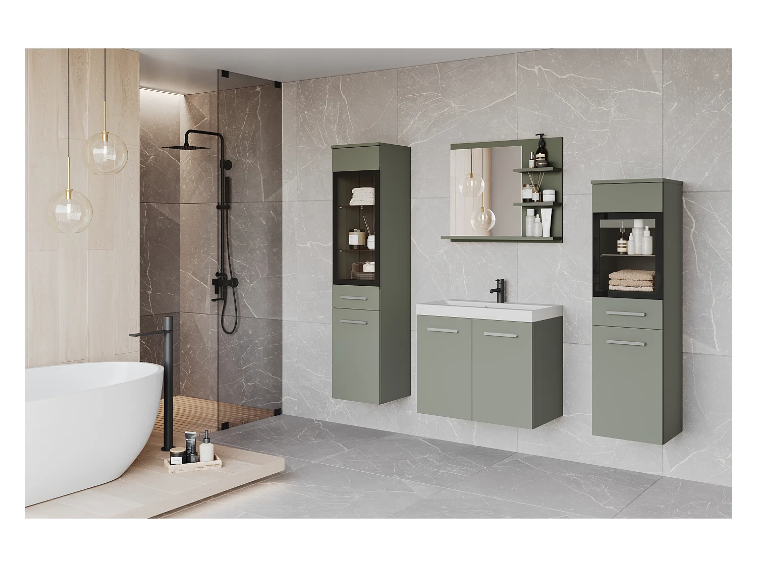 Ensemble de salle de bain, meubles suspendus avec lavabo, 2 colonnes et miroir avec étagères, vert brumeux mat