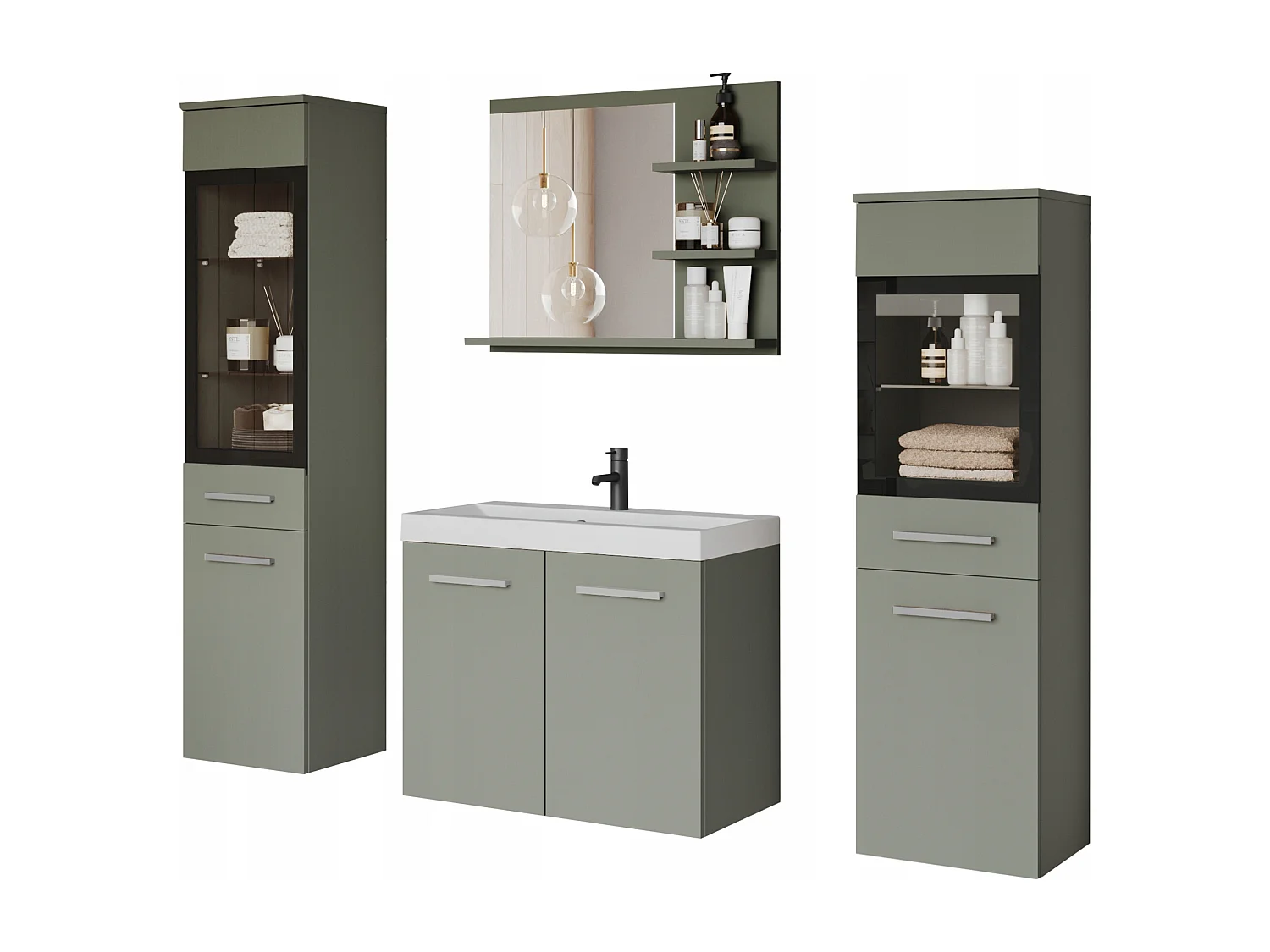 Ensemble de salle de bain, meubles suspendus avec lavabo, 2 colonnes et miroir avec étagères, vert brumeux mat