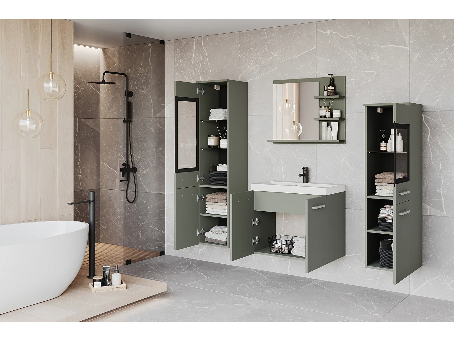 Ensemble de salle de bain, meubles suspendus avec lavabo, 2 colonnes et miroir avec étagères, vert brumeux mat