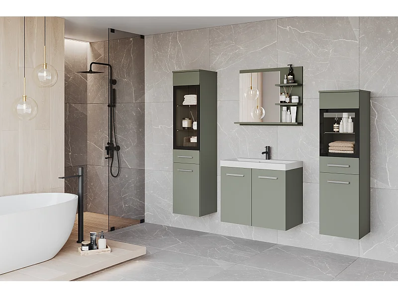 Ensemble de salle de bain, meubles suspendus avec lavabo, 2 colonnes et miroir avec étagères, vert brumeux mat