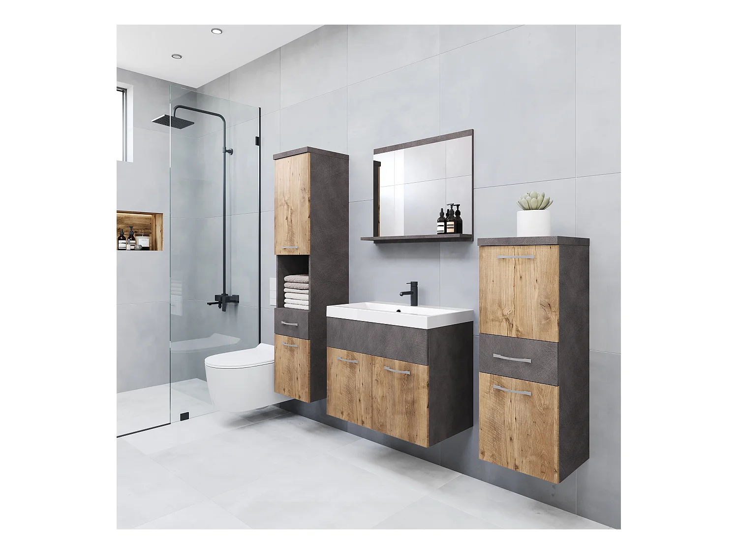 Meubles de salle de bain modernes, ensemble suspendu avec lavabo, miroir et colonnes, matera / châtaignier mat