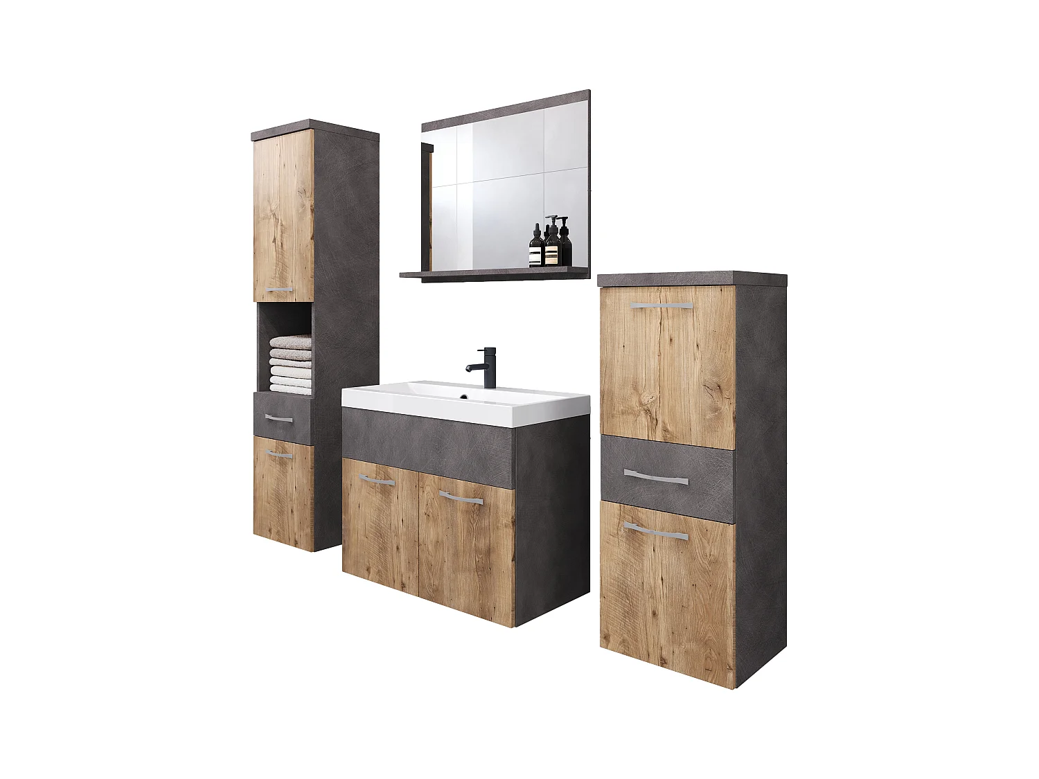 Meubles de salle de bain modernes, ensemble suspendu avec lavabo, miroir et colonnes, matera / châtaignier mat