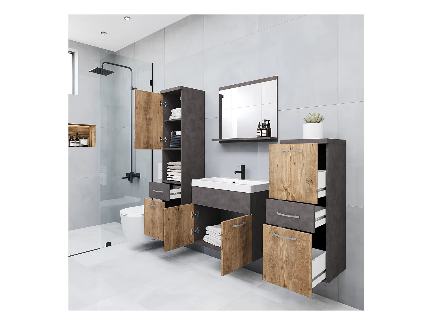 Meubles de salle de bain modernes, ensemble suspendu avec lavabo, miroir et colonnes, matera / châtaignier mat