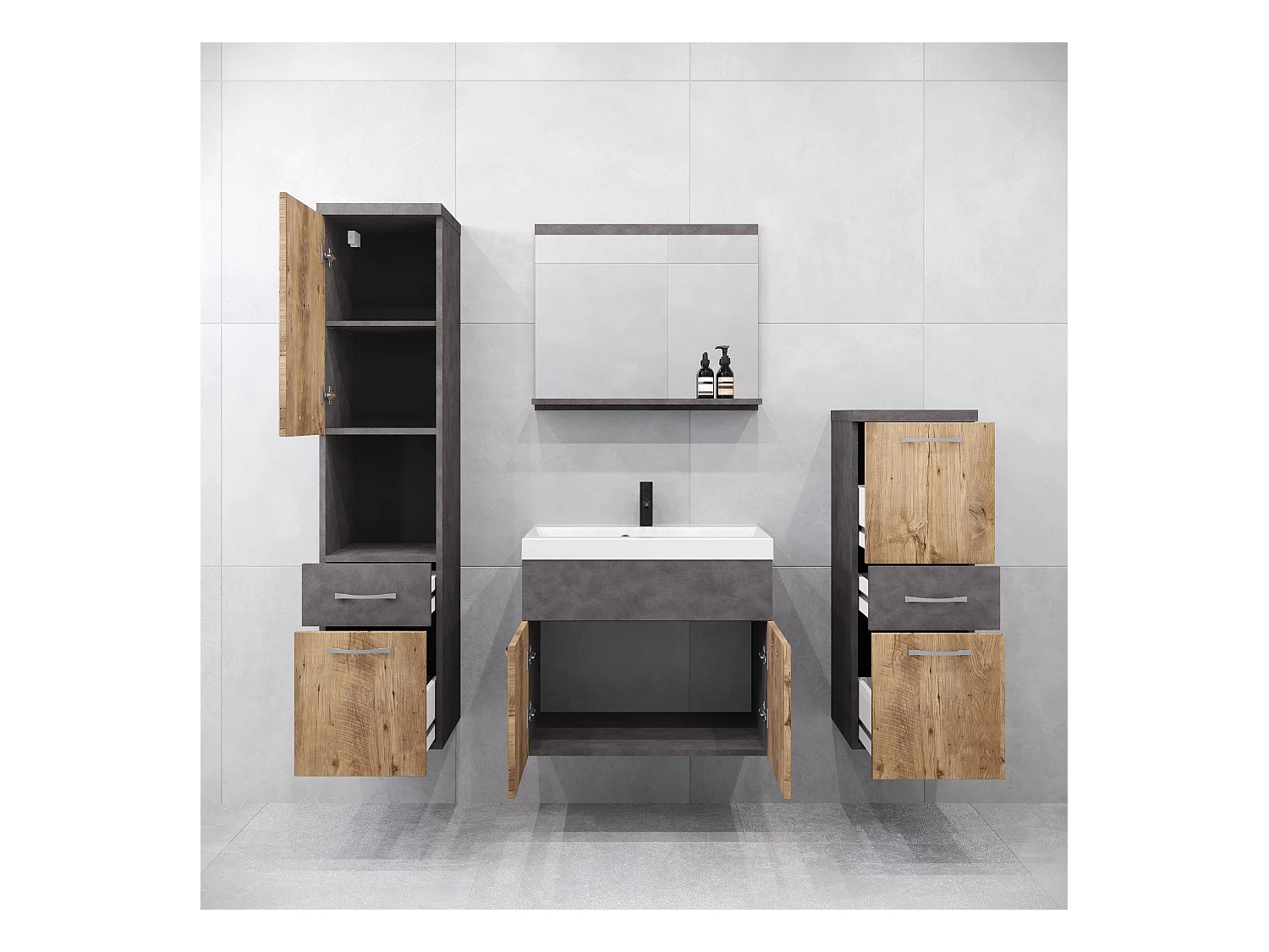 Meubles de salle de bain modernes, ensemble suspendu avec lavabo, miroir et colonnes, matera / châtaignier mat