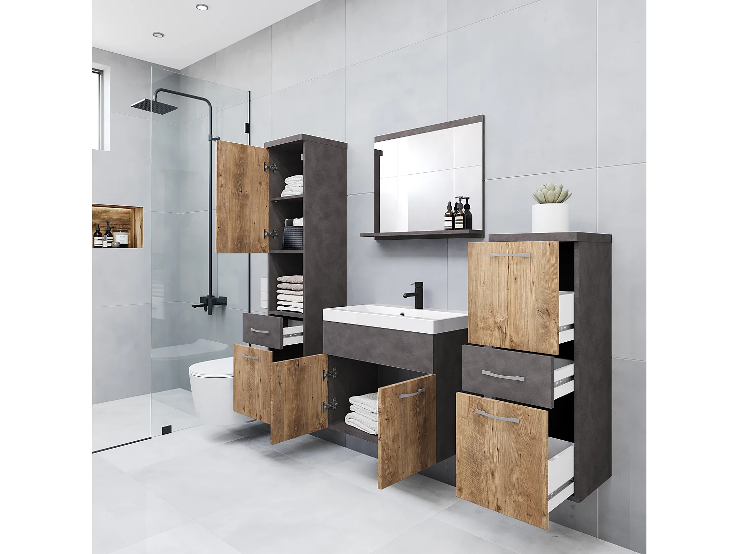 Meubles de salle de bain modernes, ensemble suspendu avec lavabo, miroir et colonnes, matera / châtaignier mat