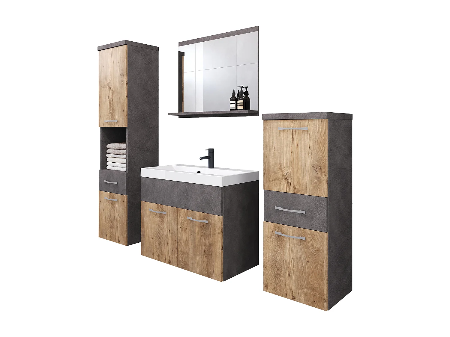 Moderne badmeubels, hangende set met wastafel, spiegel en kolomkasten, matera / kastanje mat