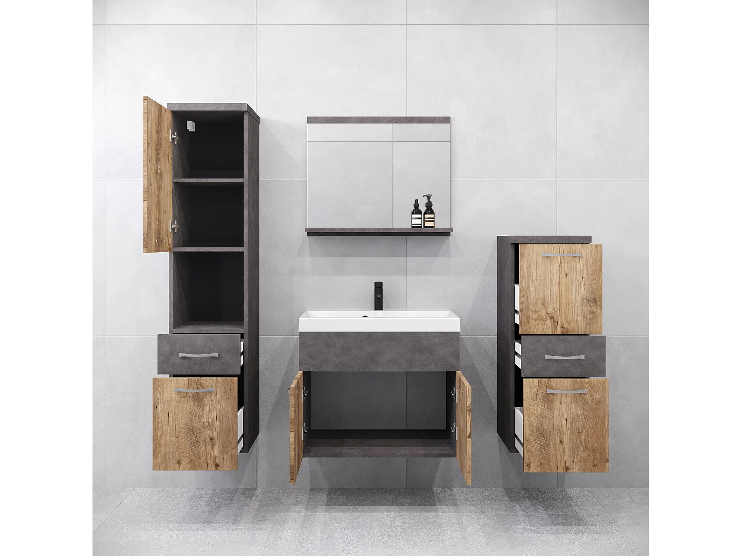 Moderne badmeubels, hangende set met wastafel, spiegel en kolomkasten, matera / kastanje mat