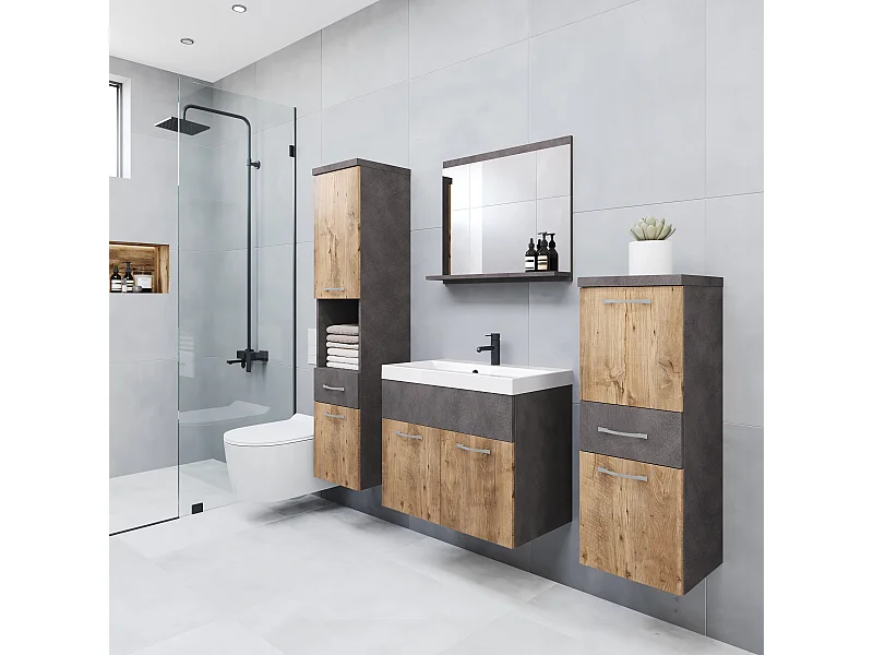 Meubles de salle de bain modernes, ensemble suspendu avec lavabo, miroir et colonnes, matera / châtaignier mat
