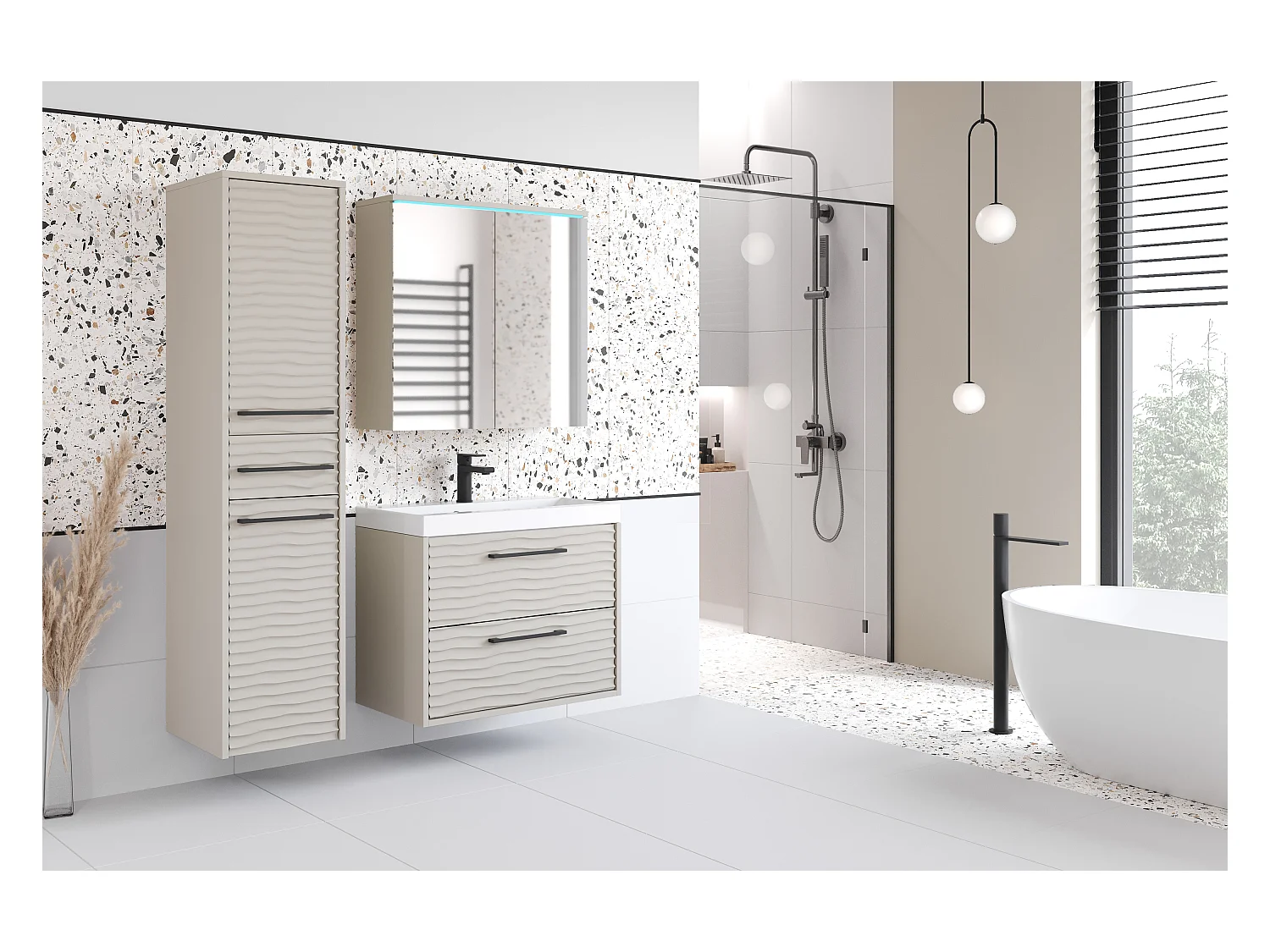 Meubles de salle de bain modernes, ensemble suspendu avec lavabo, miroir et colonne, façades MDF ondulées, beige cachemire mat