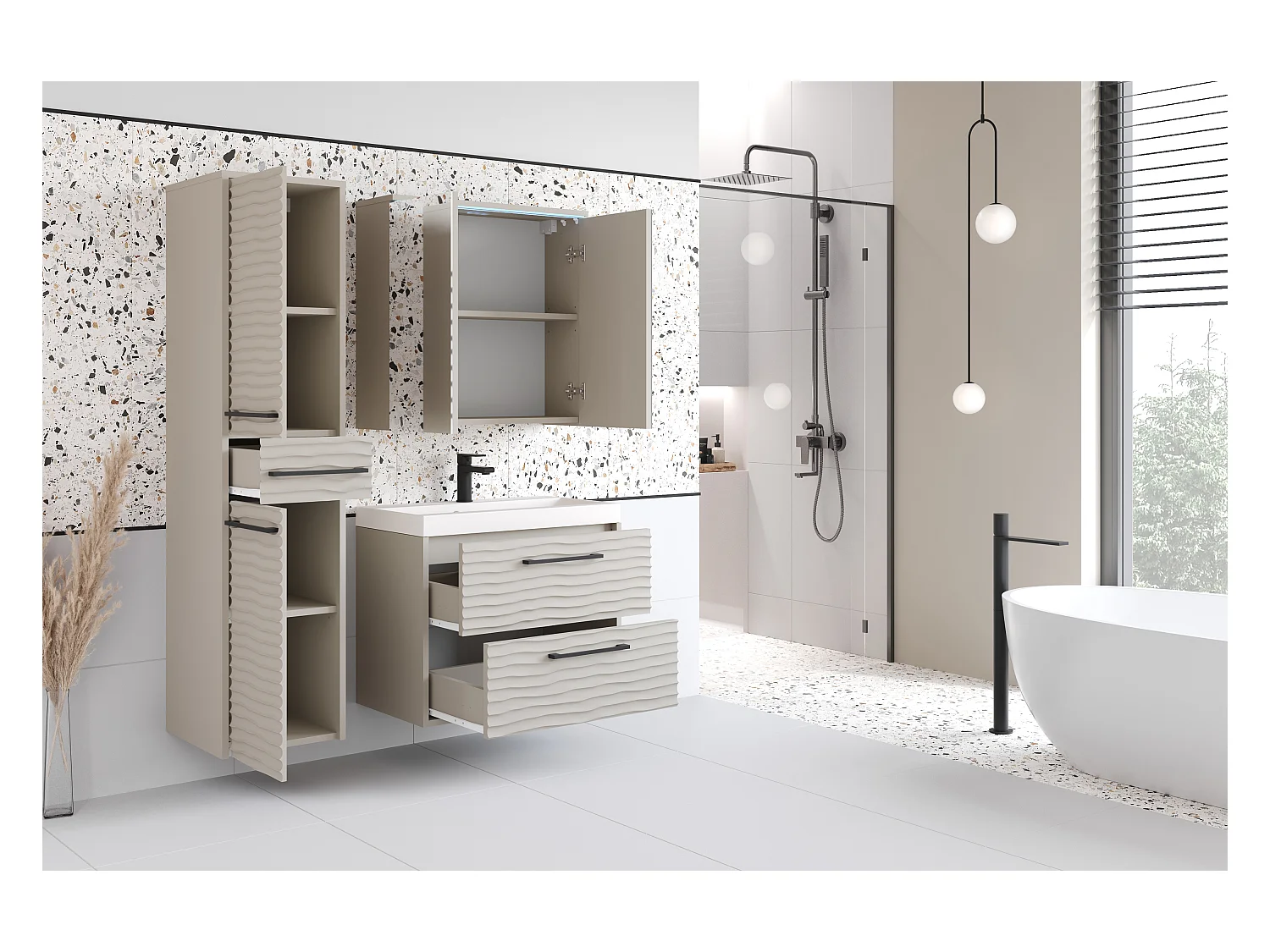 Meubles de salle de bain modernes, ensemble suspendu avec lavabo, miroir et colonne, façades MDF ondulées, beige cachemire mat