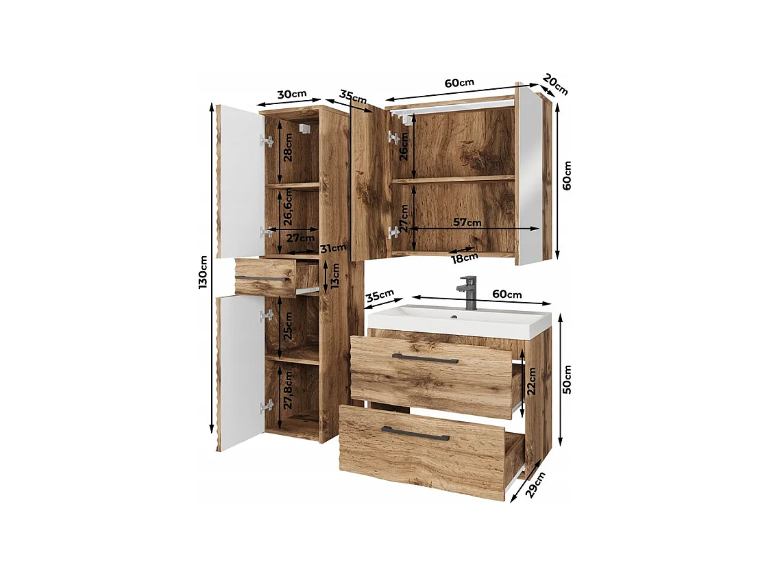 Meubles de salle de bain modernes, ensemble suspendu avec lavabo, miroir et colonne, façades MDF ondulées, beige cachemire mat