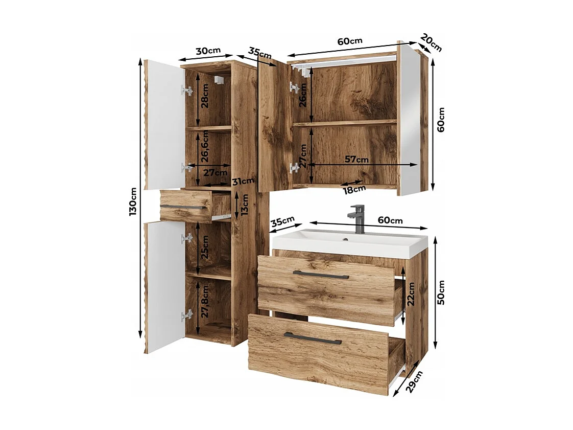 Meubles de salle de bain modernes, ensemble suspendu avec lavabo, miroir et colonne, façades MDF ondulées, beige cachemire mat