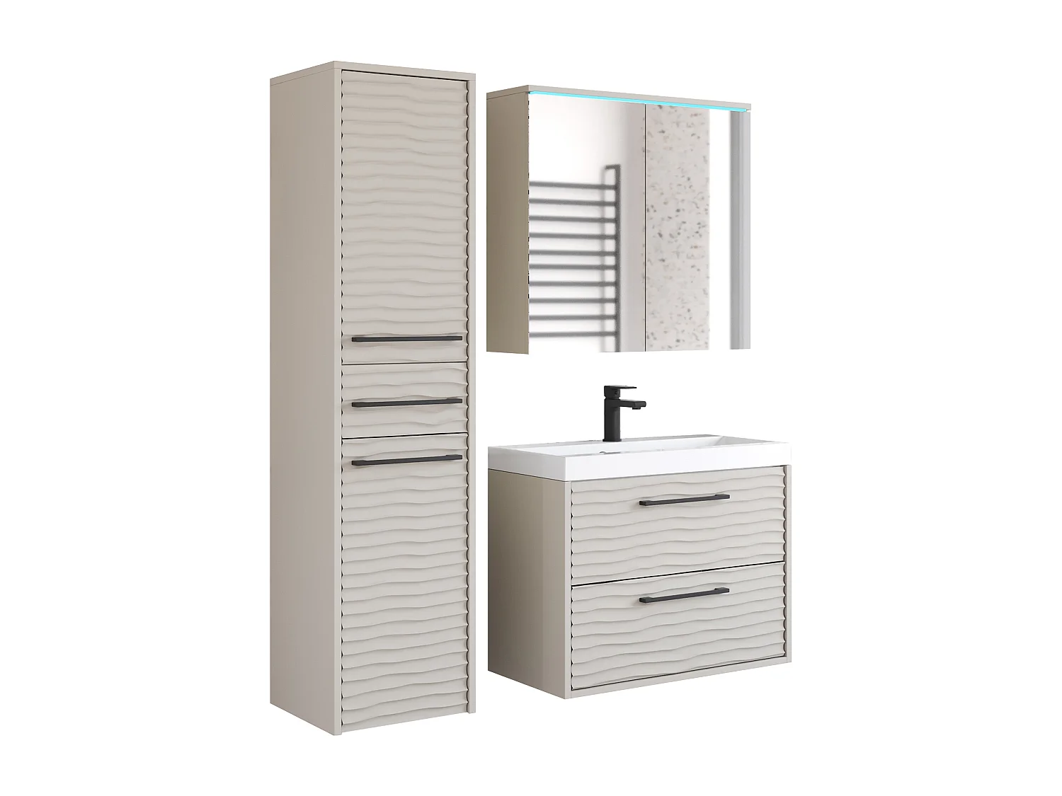 Meubles de salle de bain modernes, ensemble suspendu avec lavabo, miroir et colonne, façades MDF ondulées, beige cachemire mat