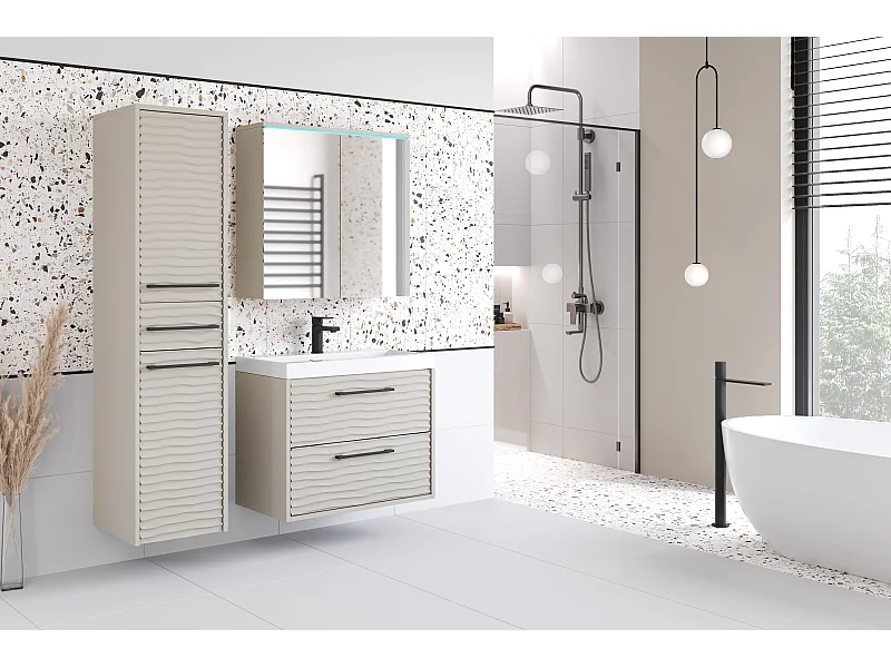 Meubles de salle de bain modernes, ensemble suspendu avec lavabo, miroir et colonne, façades MDF ondulées, beige cachemire mat