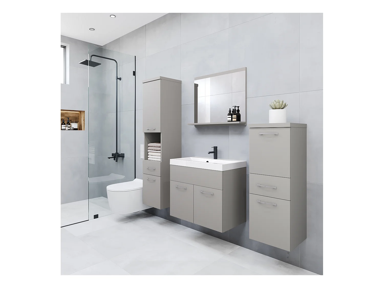 Meubles de salle de bain modernes, ensemble suspendu avec lavabo, miroir et colonnes, gris palladium mat