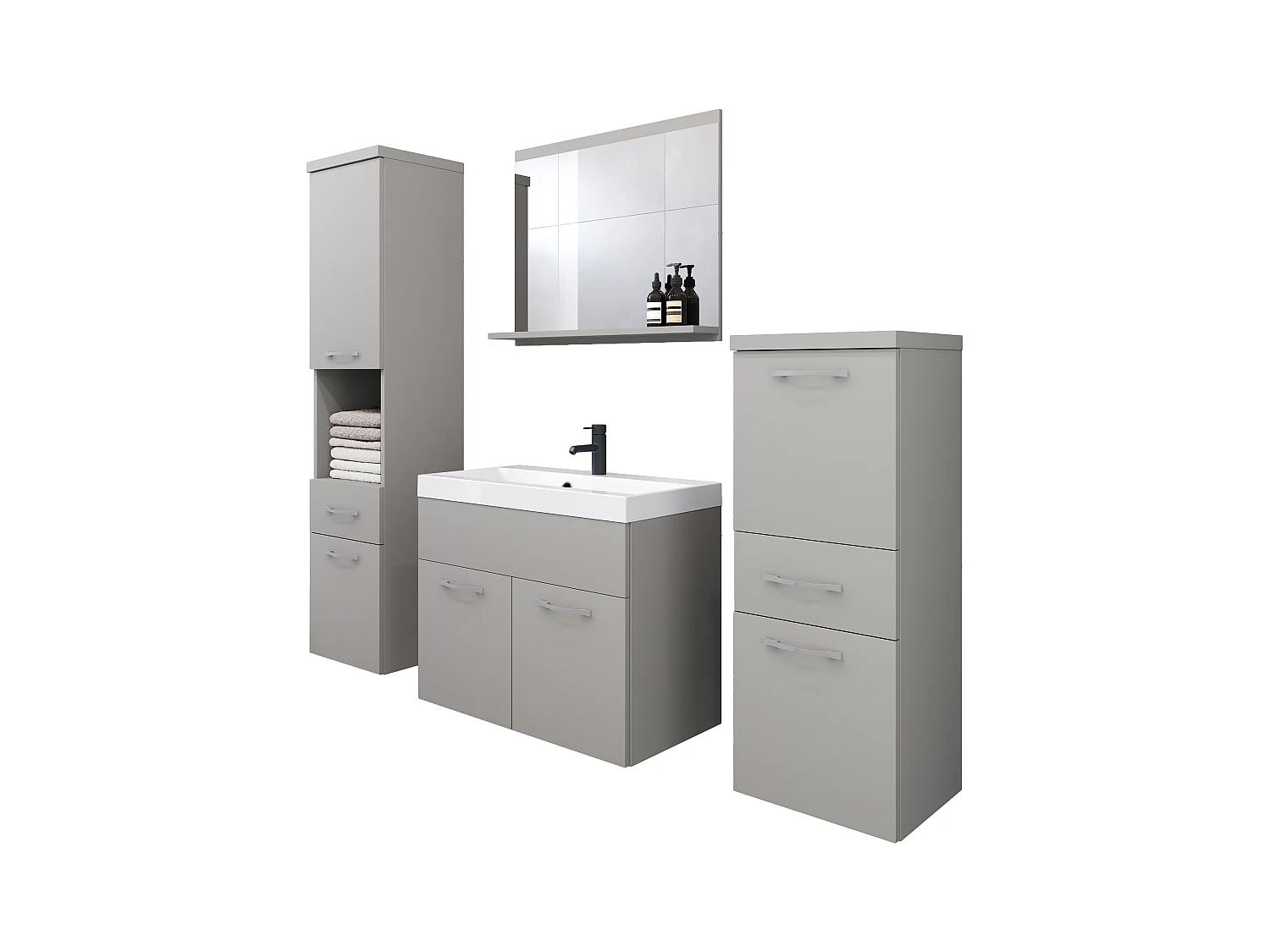 Meubles de salle de bain modernes, ensemble suspendu avec lavabo, miroir et colonnes, gris palladium mat