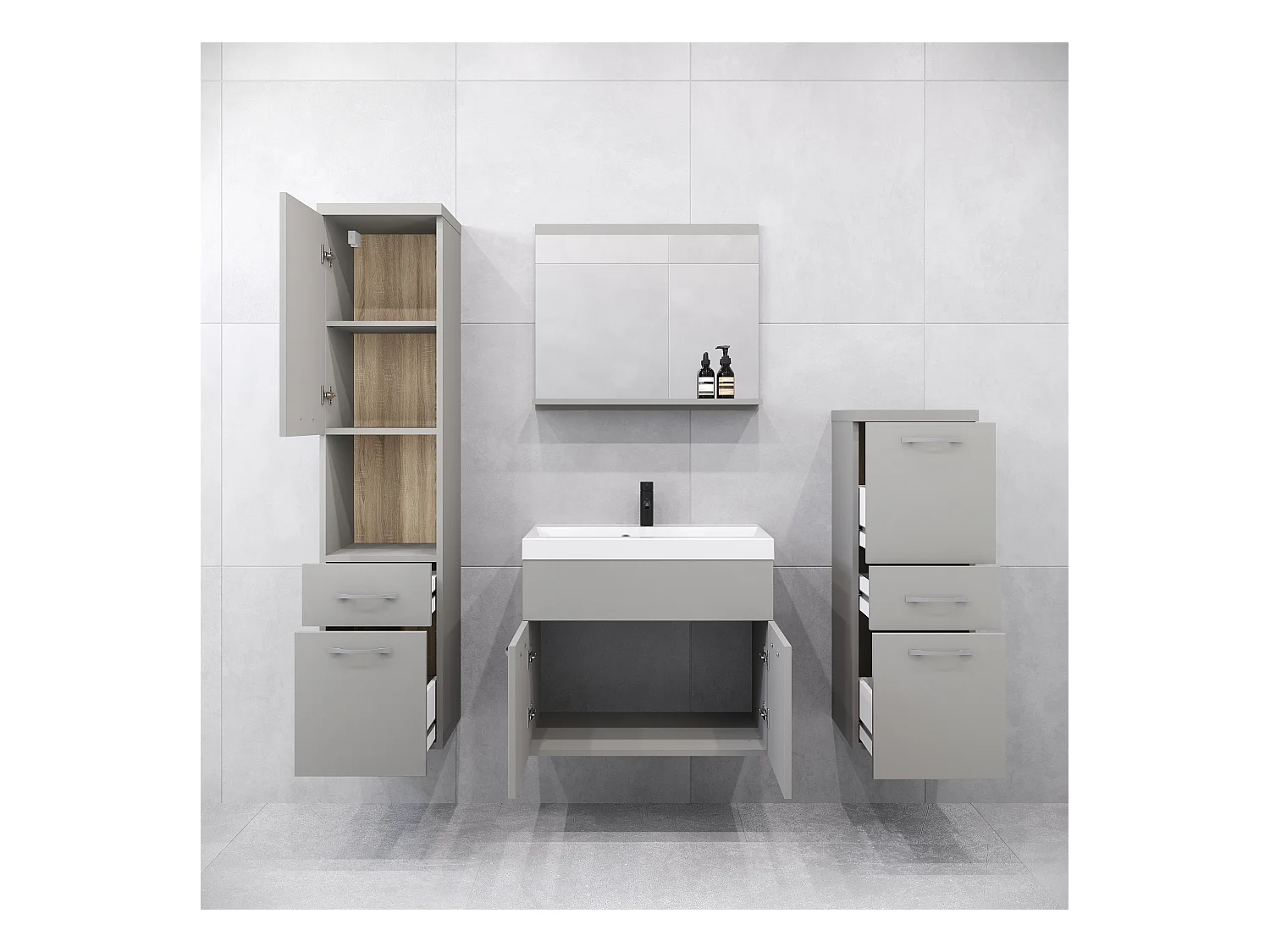 Meubles de salle de bain modernes, ensemble suspendu avec lavabo, miroir et colonnes, gris palladium mat