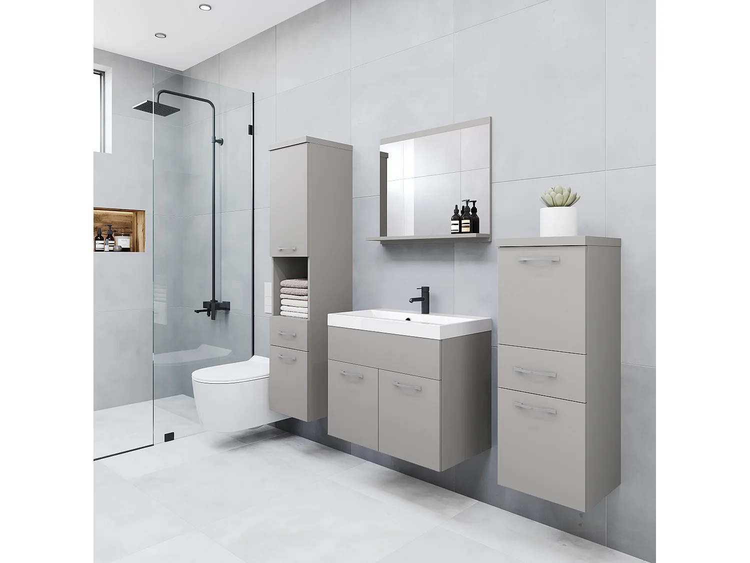 Meubles de salle de bain modernes, ensemble suspendu avec lavabo, miroir et colonnes, gris palladium mat