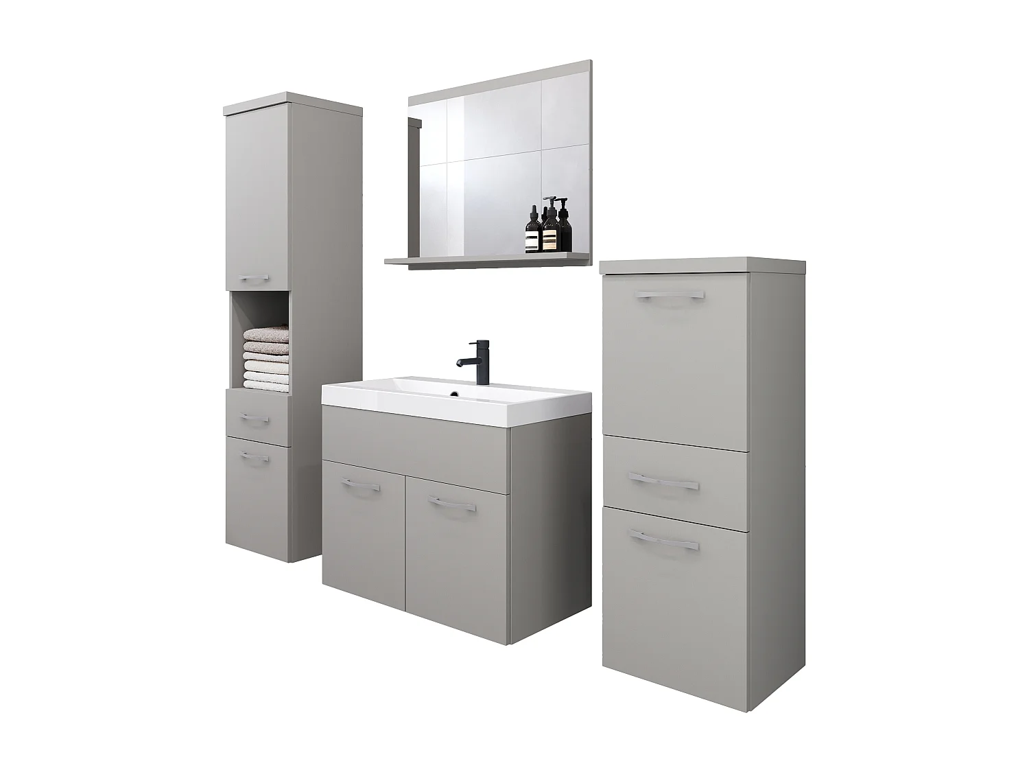 Meubles de salle de bain modernes, ensemble suspendu avec lavabo, miroir et colonnes, gris palladium mat
