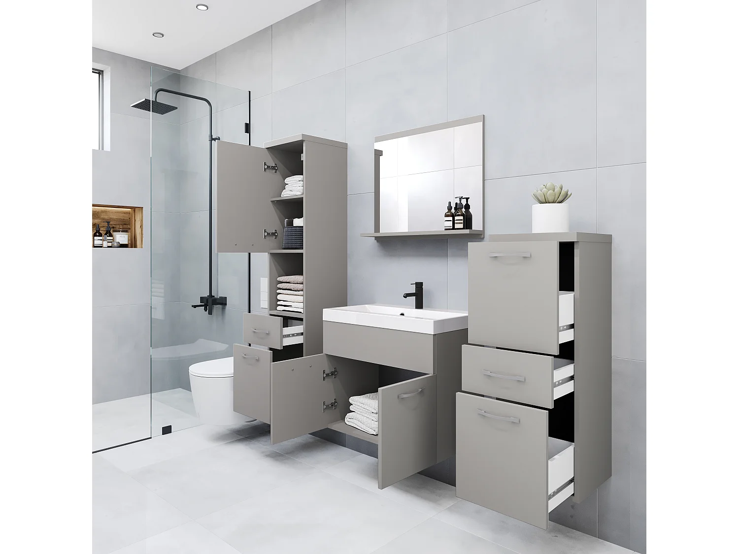 Mobili da bagno moderni, set sospeso con lavabo, specchio e colonne, grigio palladio opaco