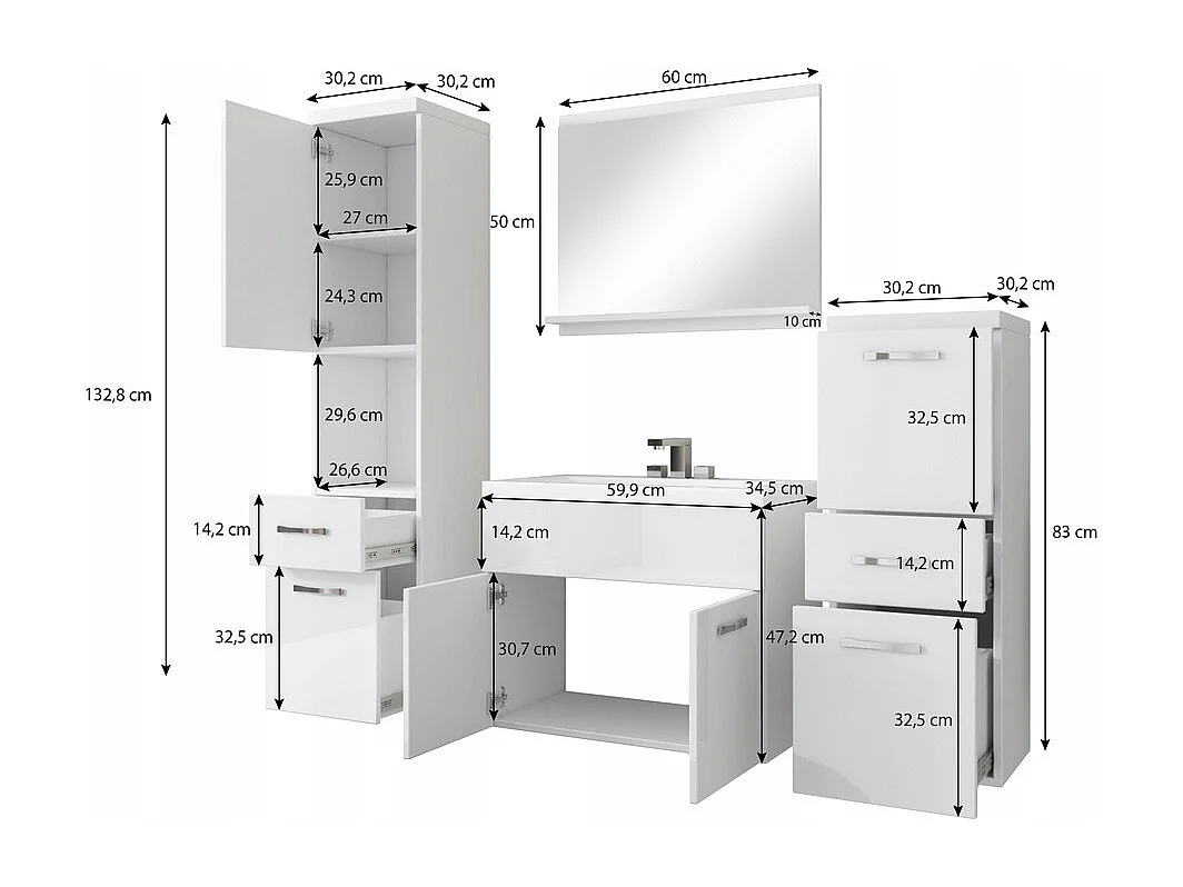 Mobili da bagno moderni, set sospeso con lavabo, specchio e colonne, grigio palladio opaco