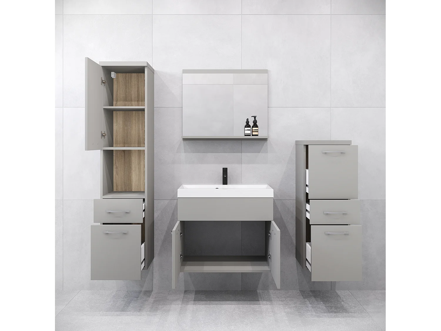 Mobili da bagno moderni, set sospeso con lavabo, specchio e colonne, grigio palladio opaco