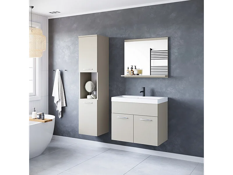 Badkamerset hangend met wastafel, spiegel en kolomkasten, kashmir beige mat