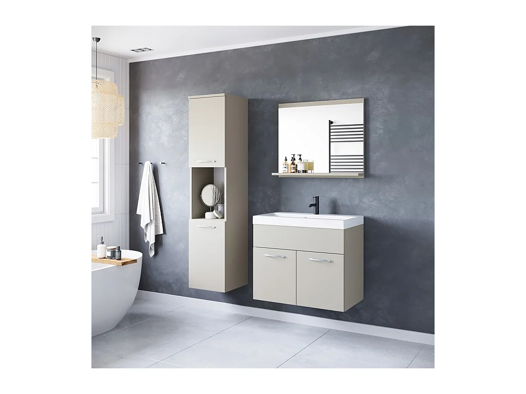 Ensemble de salle de bain suspendu avec lavabo, miroir et colonnes, beige cachemire mat