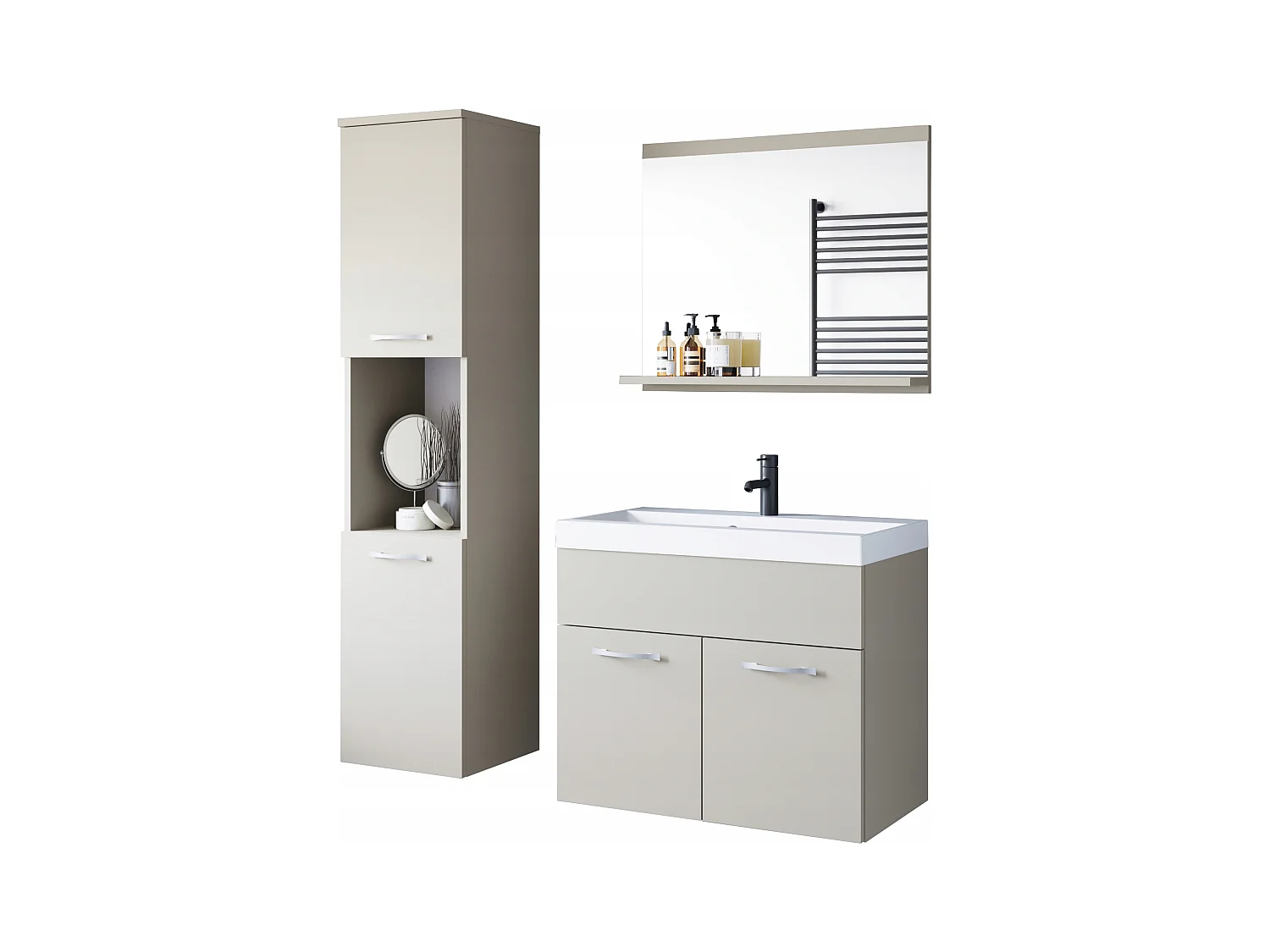 Ensemble de salle de bain suspendu avec lavabo, miroir et colonnes, beige cachemire mat