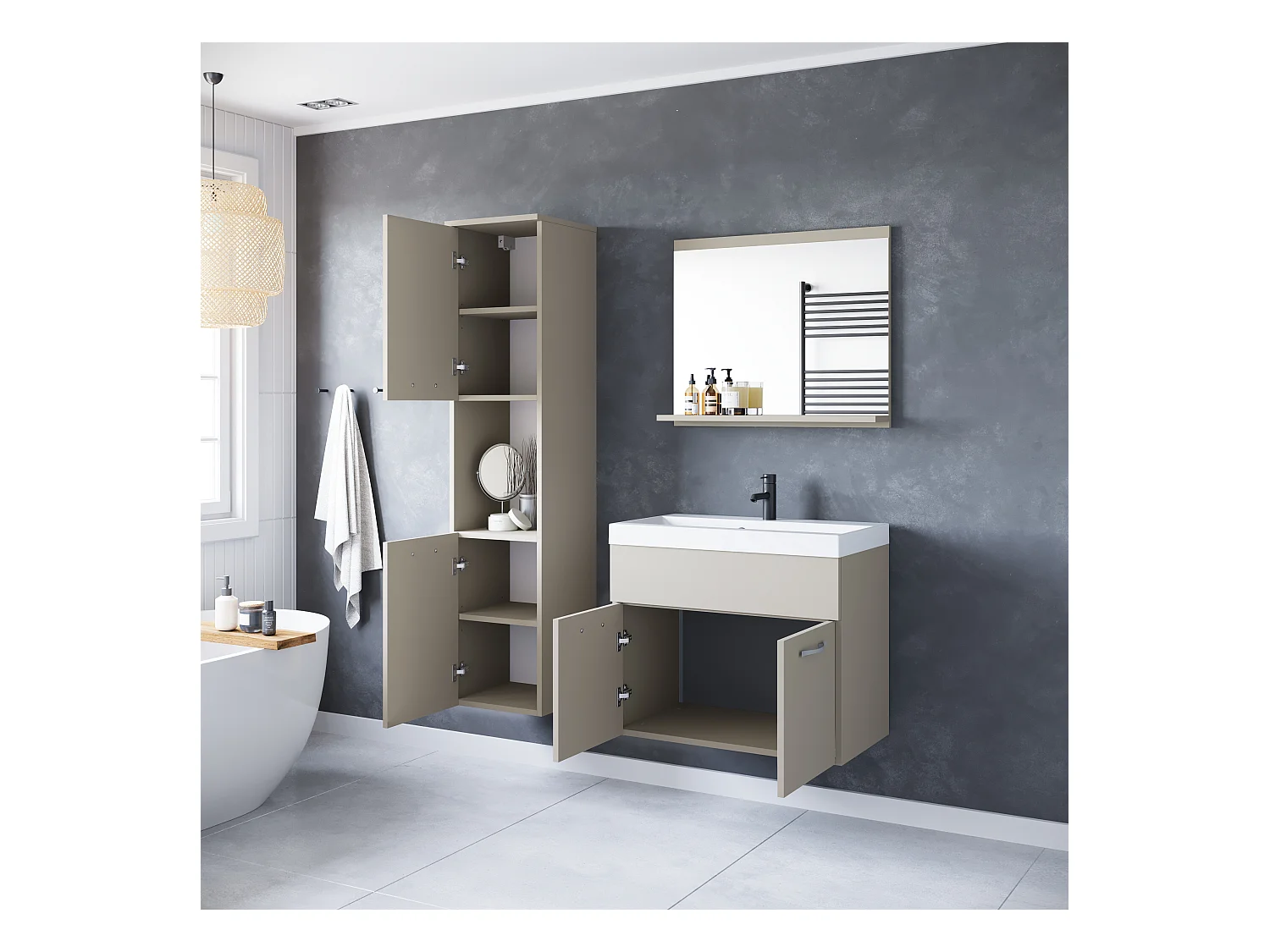 Ensemble de salle de bain suspendu avec lavabo, miroir et colonnes, beige cachemire mat
