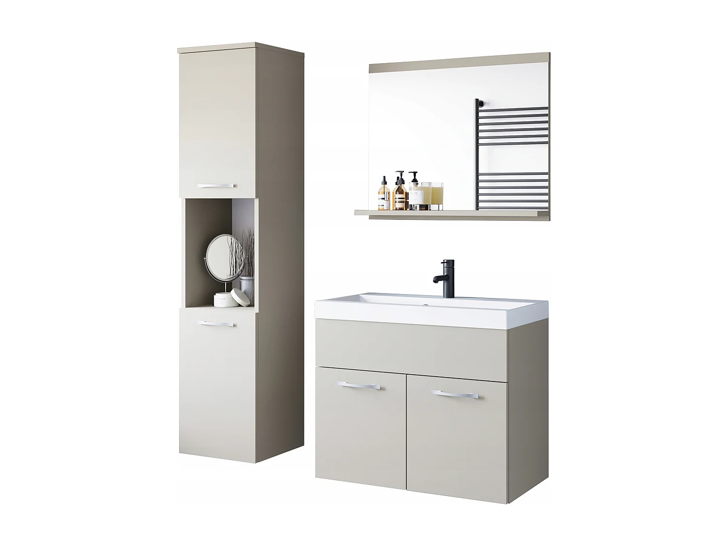 Ensemble de salle de bain suspendu avec lavabo, miroir et colonnes, beige cachemire mat