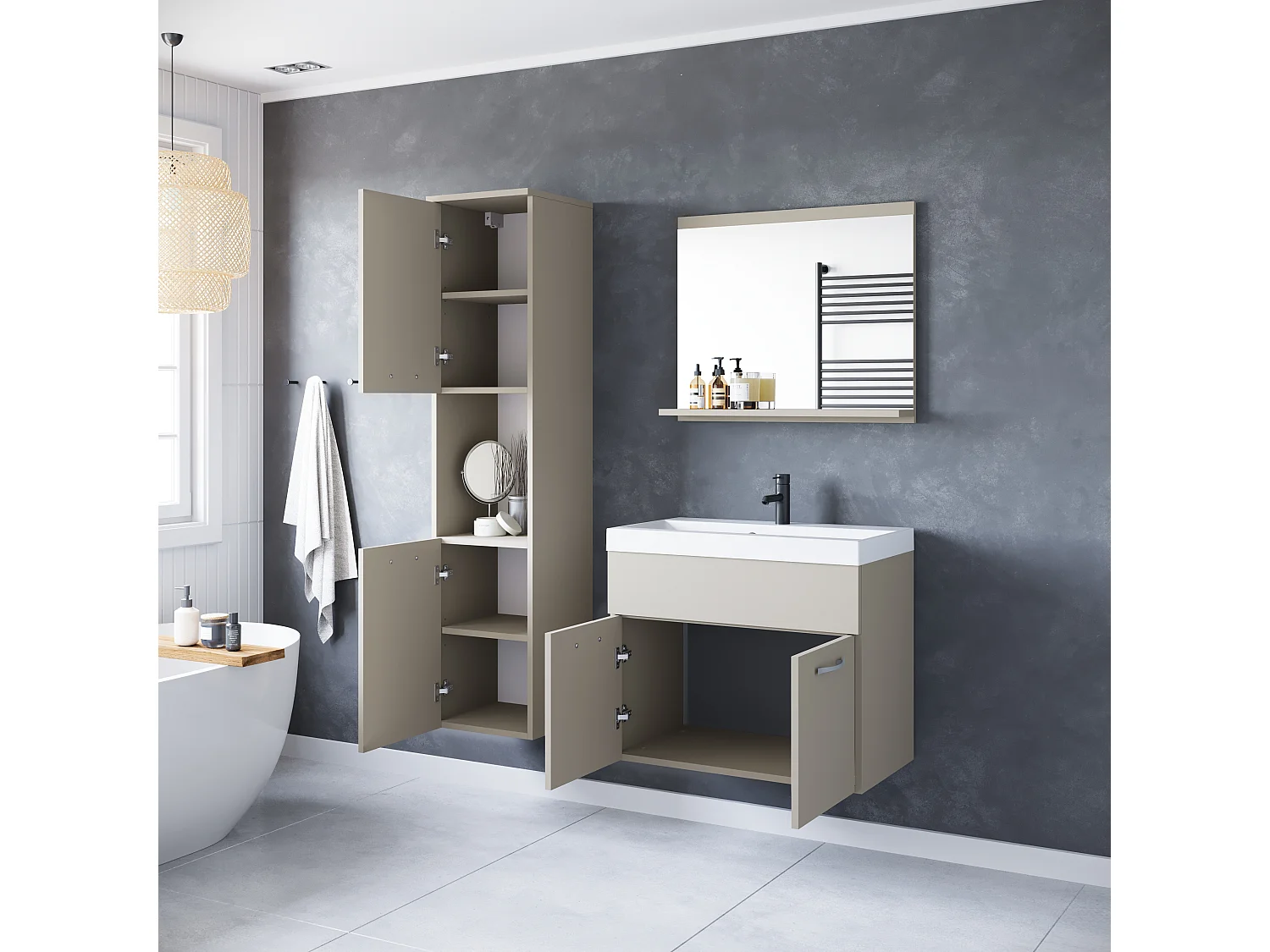 Ensemble de salle de bain suspendu avec lavabo, miroir et colonnes, beige cachemire mat