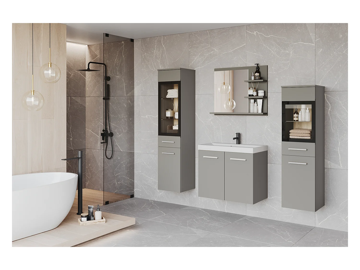 Ensemble de salle de bain, meubles suspendus avec lavabo, 2 colonnes et miroir avec étagères, gris pallad mat