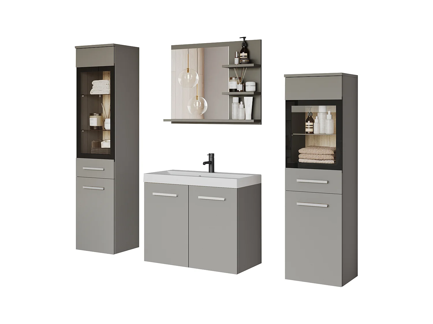 Ensemble de salle de bain, meubles suspendus avec lavabo, 2 colonnes et miroir avec étagères, gris pallad mat