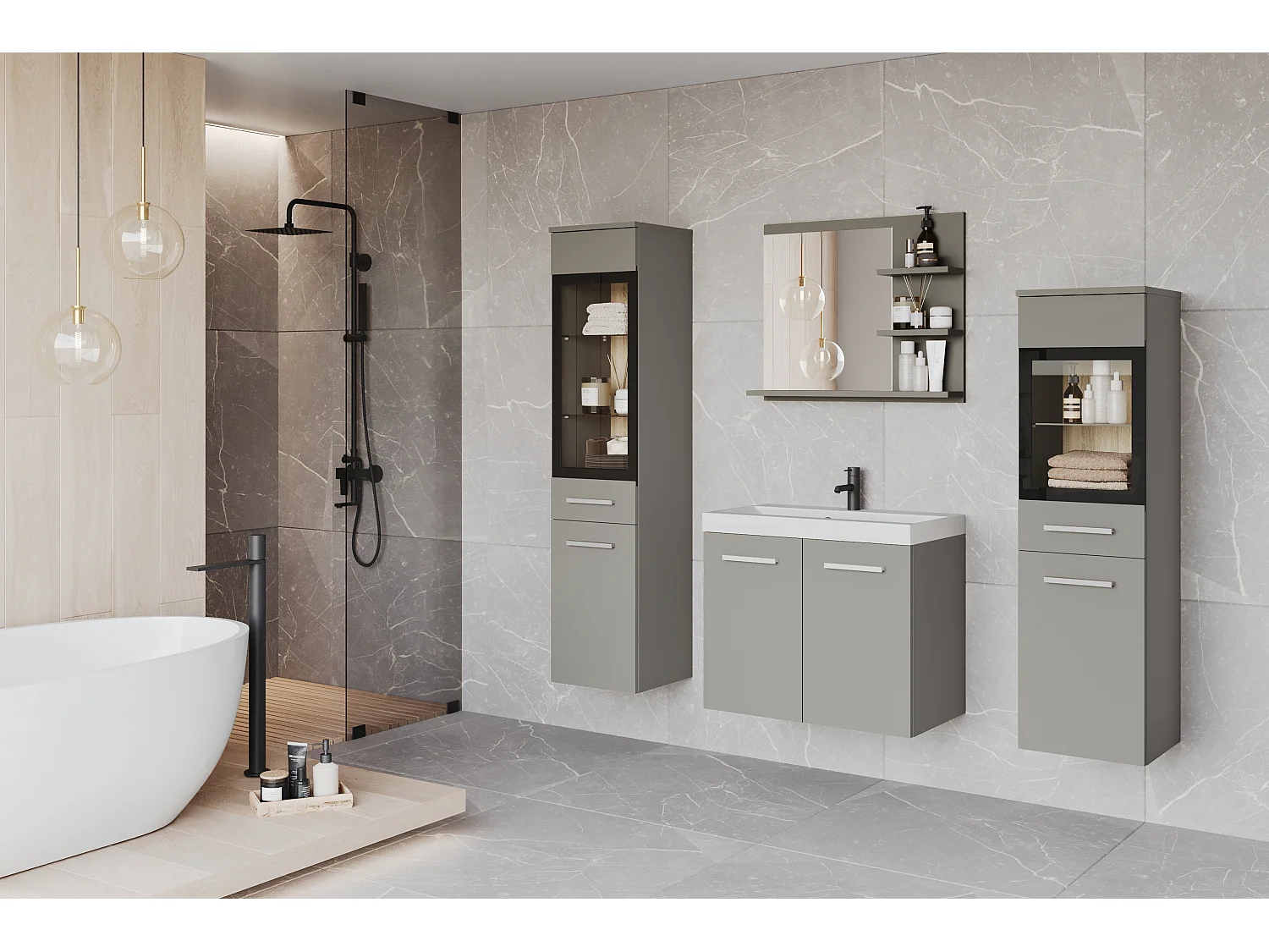 Ensemble de salle de bain, meubles suspendus avec lavabo, 2 colonnes et miroir avec étagères, gris pallad mat