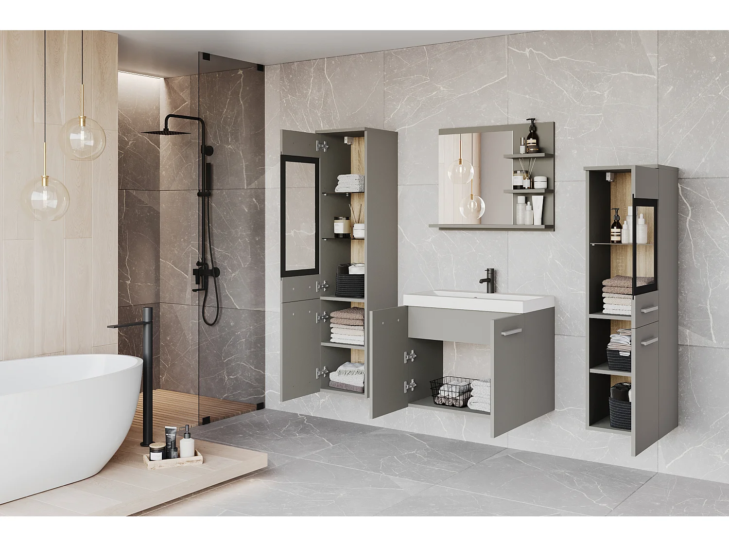 Ensemble de salle de bain, meubles suspendus avec lavabo, 2 colonnes et miroir avec étagères, gris pallad mat