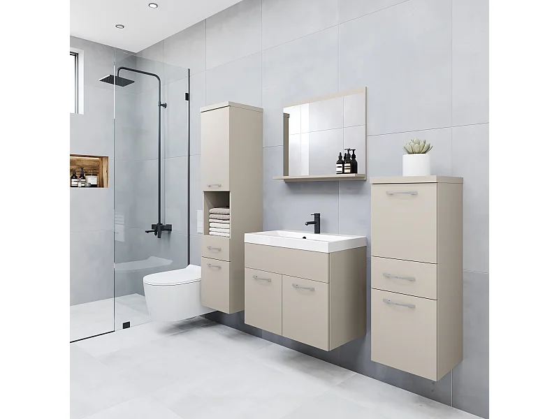 Moderne badmeubels, hangende set met wastafel, spiegel en kolomkasten, kasjmierbeige mat