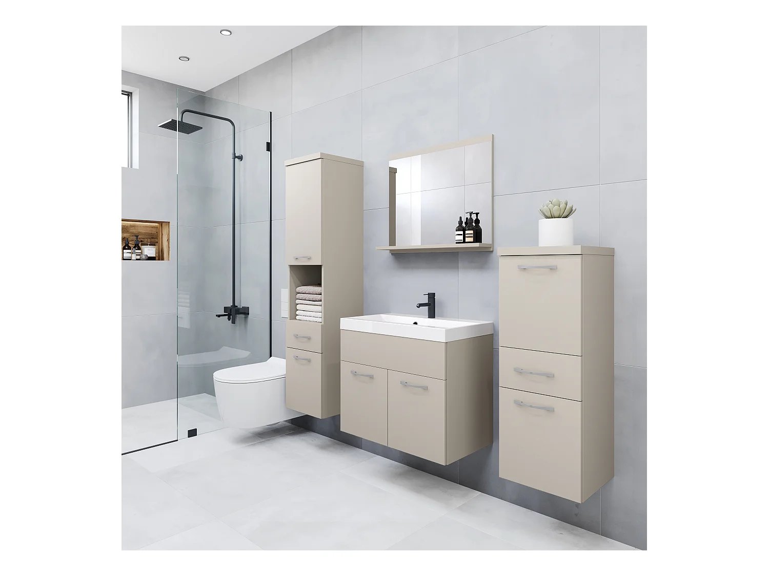 Meubles de salle de bain modernes, ensemble suspendu avec lavabo, miroir et colonnes, beige cachemire mat