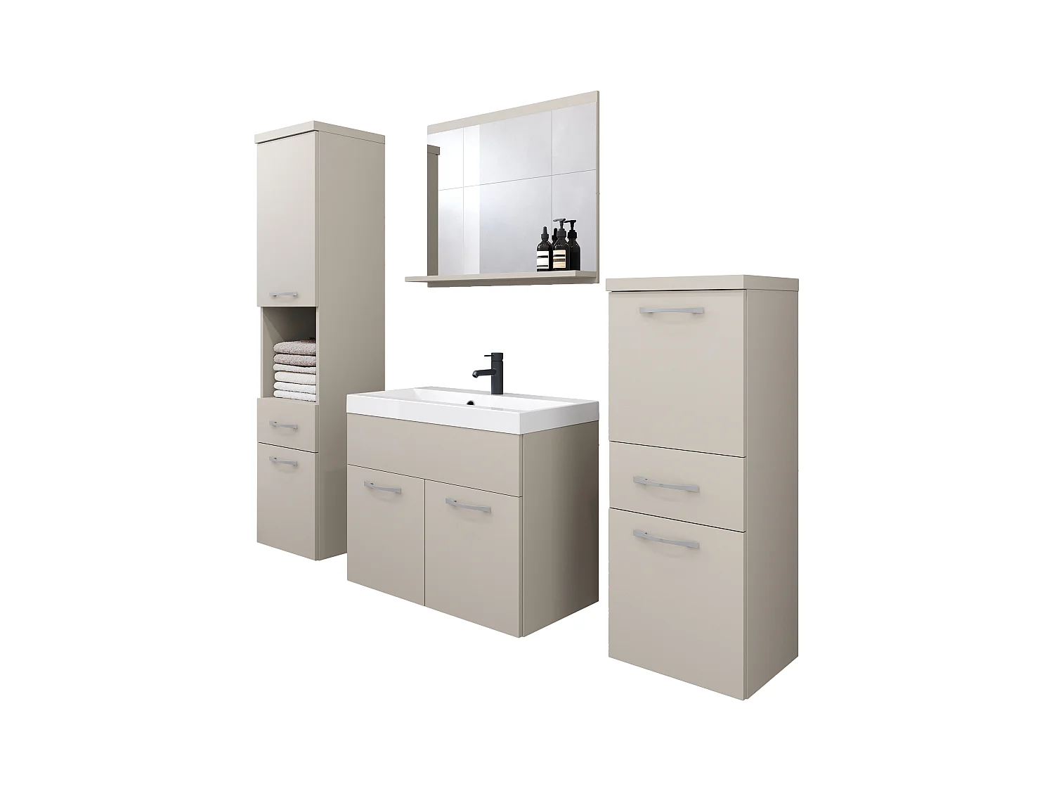 Meubles de salle de bain modernes, ensemble suspendu avec lavabo, miroir et colonnes, beige cachemire mat