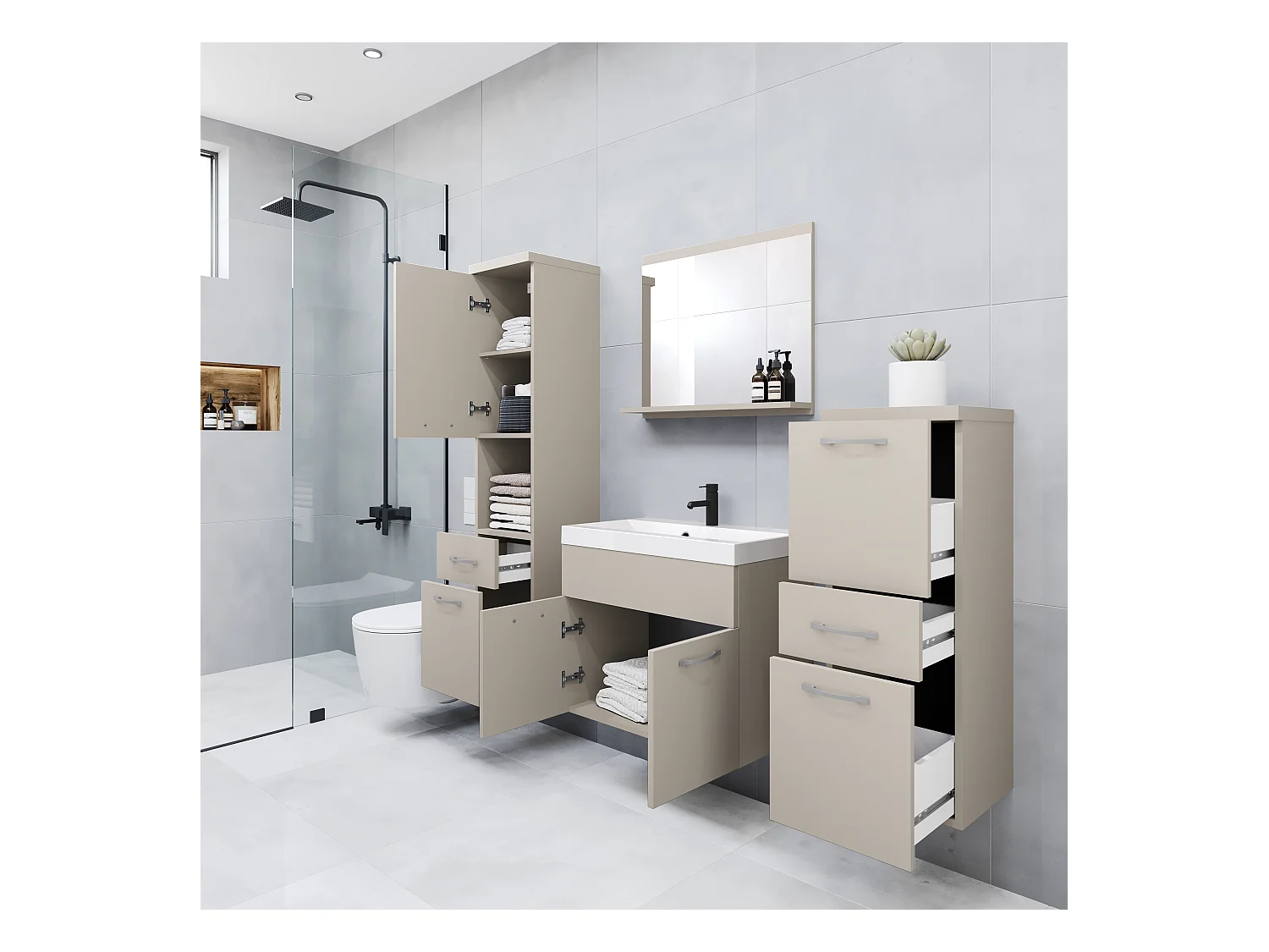 Meubles de salle de bain modernes, ensemble suspendu avec lavabo, miroir et colonnes, beige cachemire mat