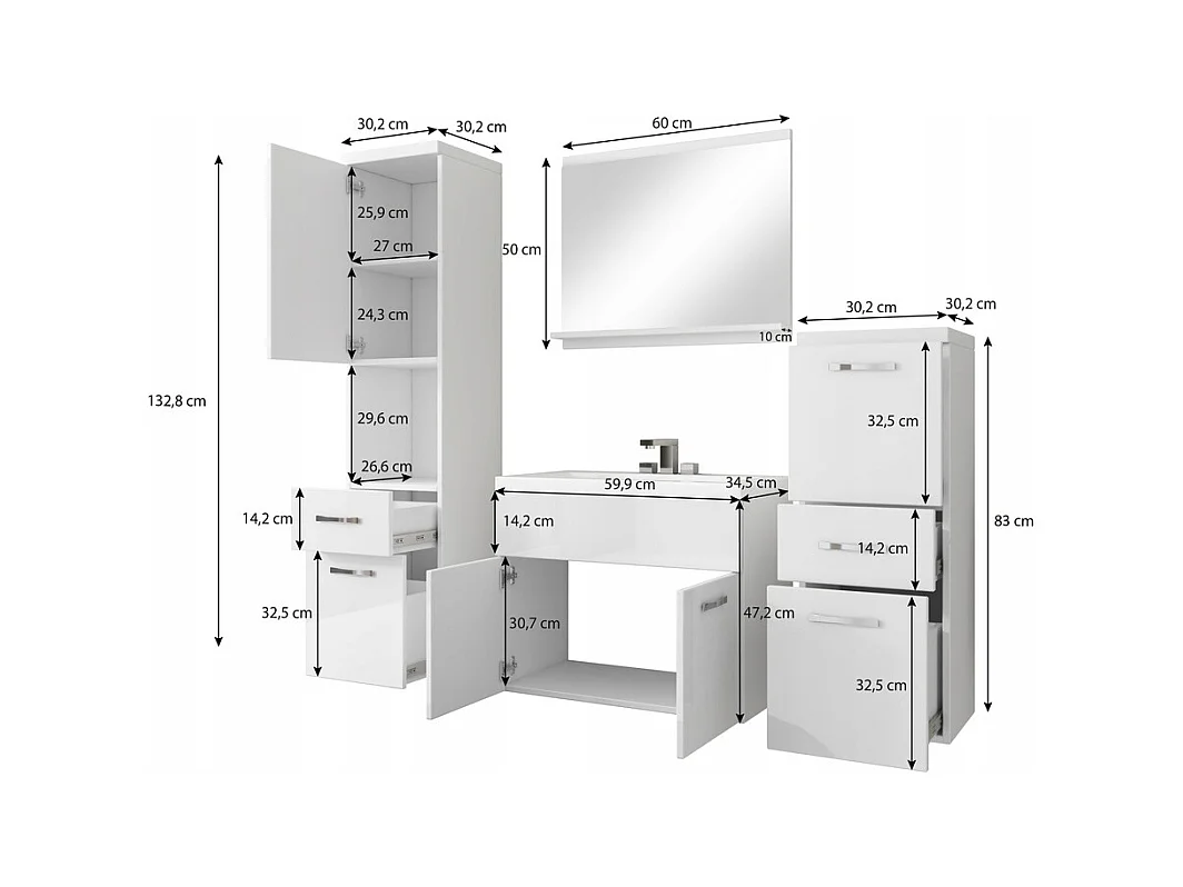 Meubles de salle de bain modernes, ensemble suspendu avec lavabo, miroir et colonnes, beige cachemire mat