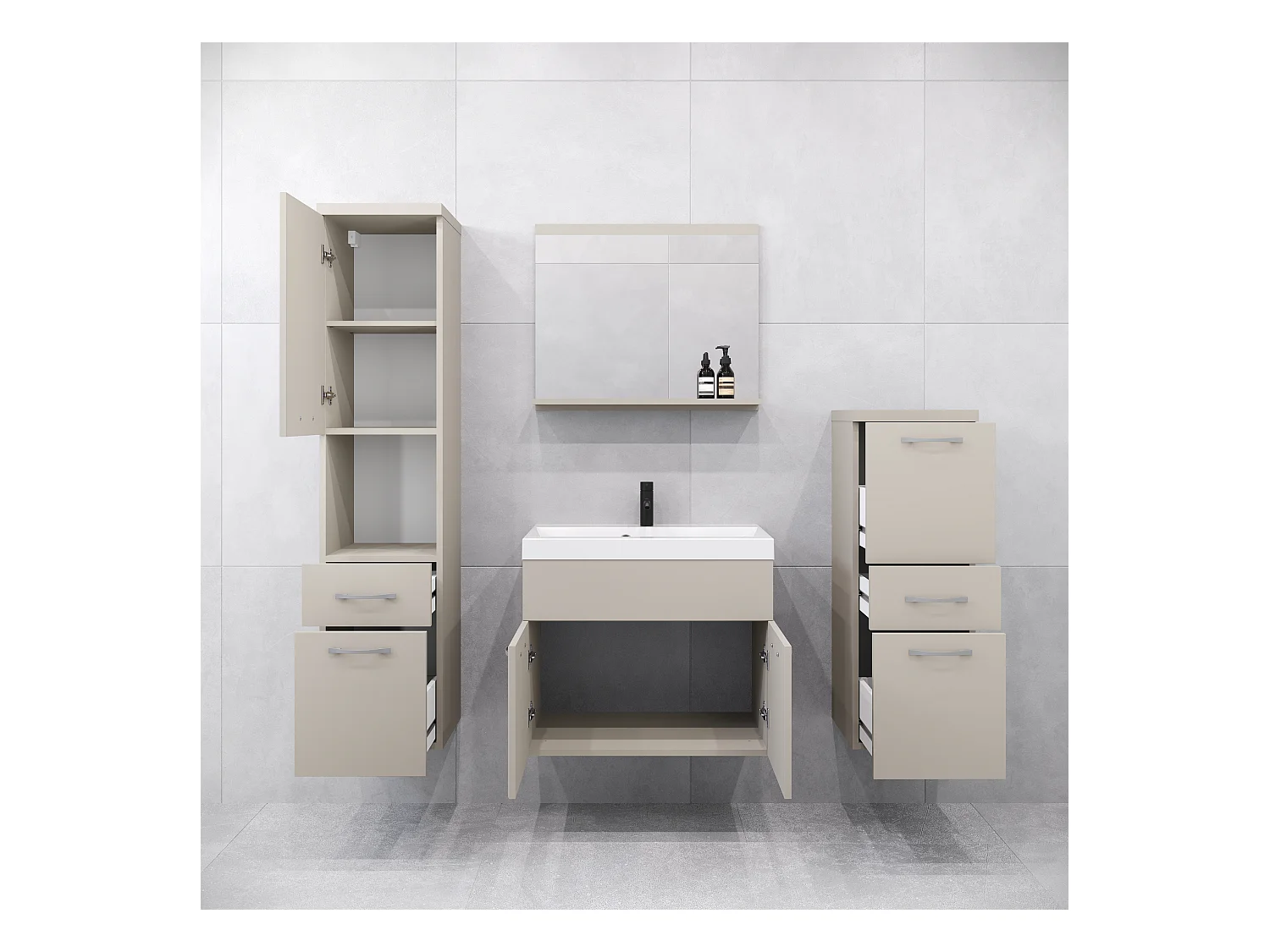 Meubles de salle de bain modernes, ensemble suspendu avec lavabo, miroir et colonnes, beige cachemire mat