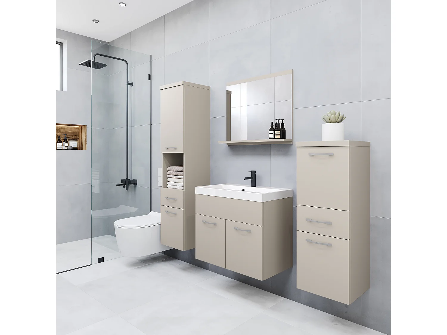 Meubles de salle de bain modernes, ensemble suspendu avec lavabo, miroir et colonnes, beige cachemire mat