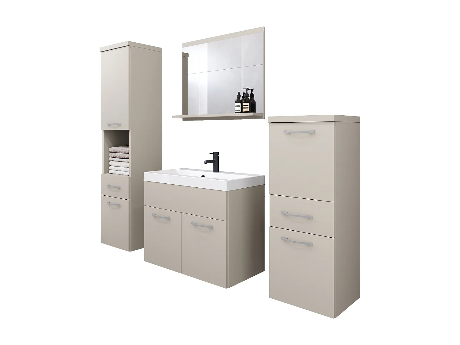 Meubles de salle de bain modernes, ensemble suspendu avec lavabo, miroir et colonnes, beige cachemire mat