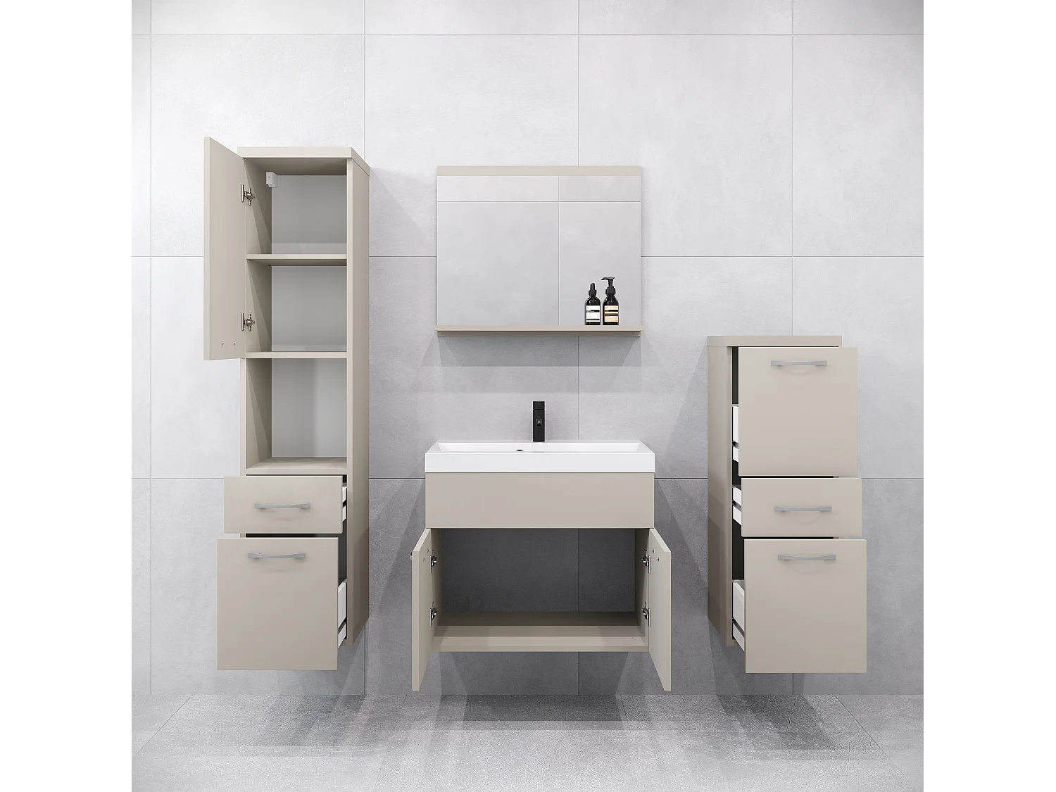 Meubles de salle de bain modernes, ensemble suspendu avec lavabo, miroir et colonnes, beige cachemire mat