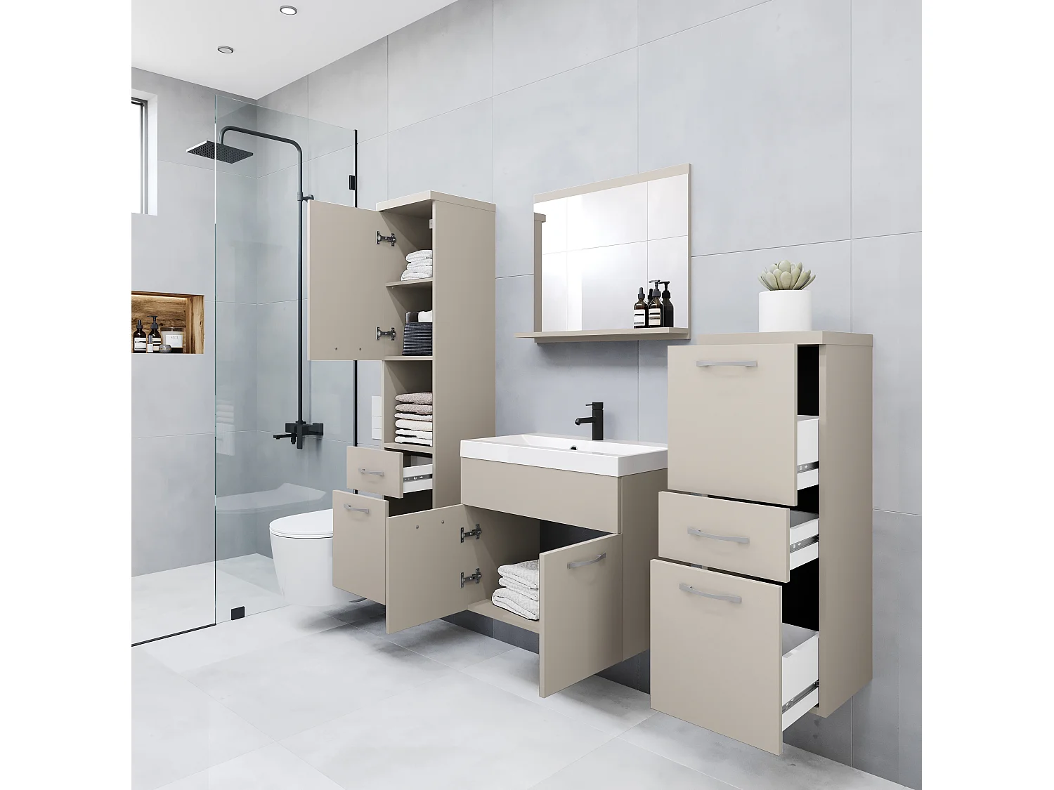 Mobili da bagno moderni, set sospeso con lavabo, specchio e colonne, beige cashmere opaco